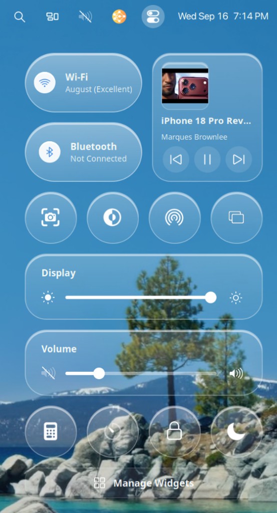 Control Center with Wi-Fi, Bluetooth, sliders, and Manage Widgets