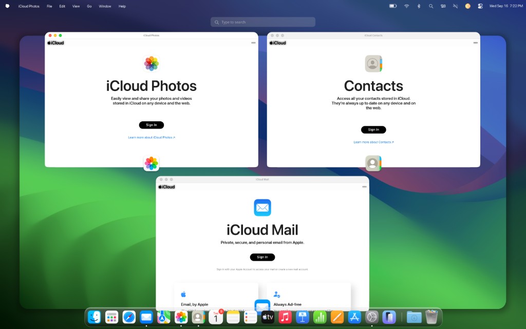 iCloud Photos, Contacts, and Mail sign-in windows