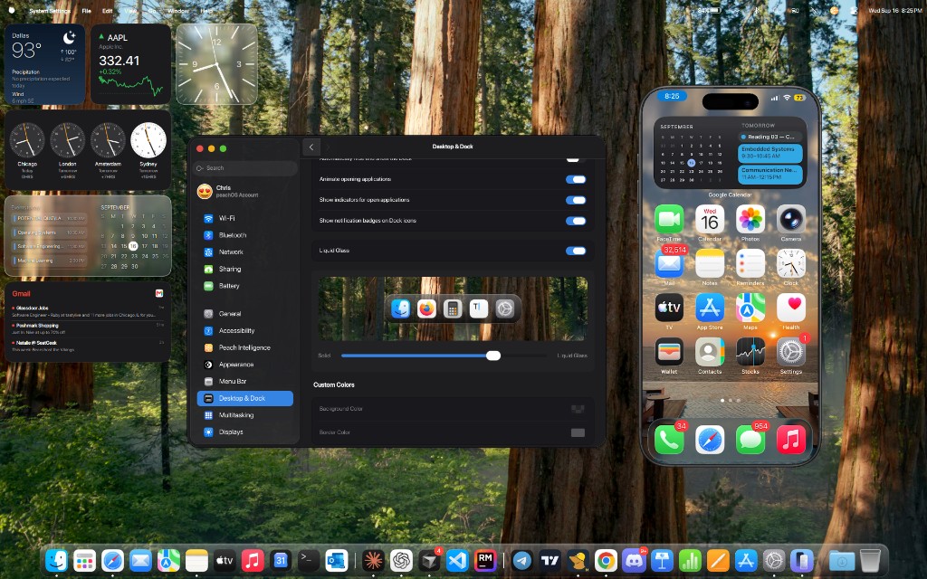 peachOS desktop with iPhone Mirroring and the Desktop and Dock liquid-glass slider