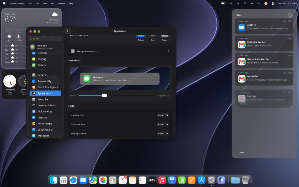 Settings Appearance page with the Liquid Glass slider and a Messages notification